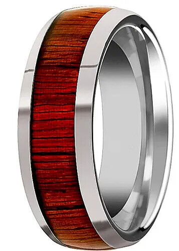 Men's 8mm Tungsten Dome Ring Wood Inlay Comfort-Fit Engagement Wedding Band